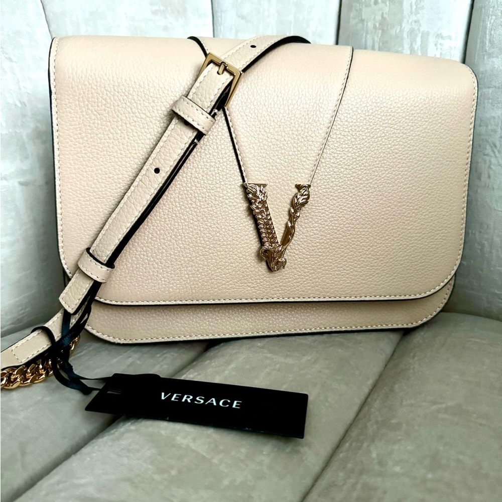 Versace Grained Calfskin Virtus Shoulder Bag Beige